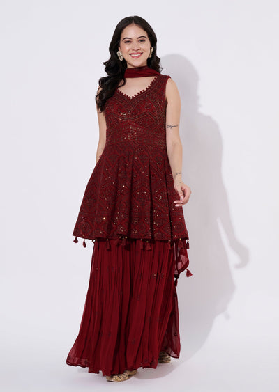 Maroon Georgette Sharara Set