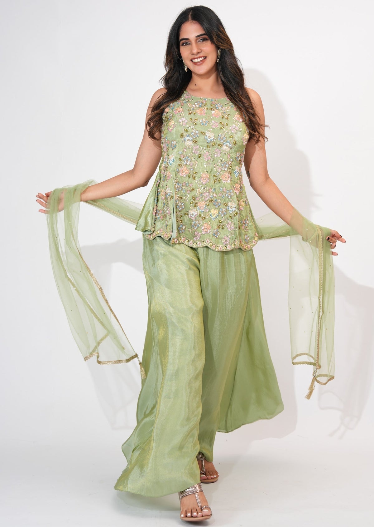 Dusty Green Tissue Sharara Set