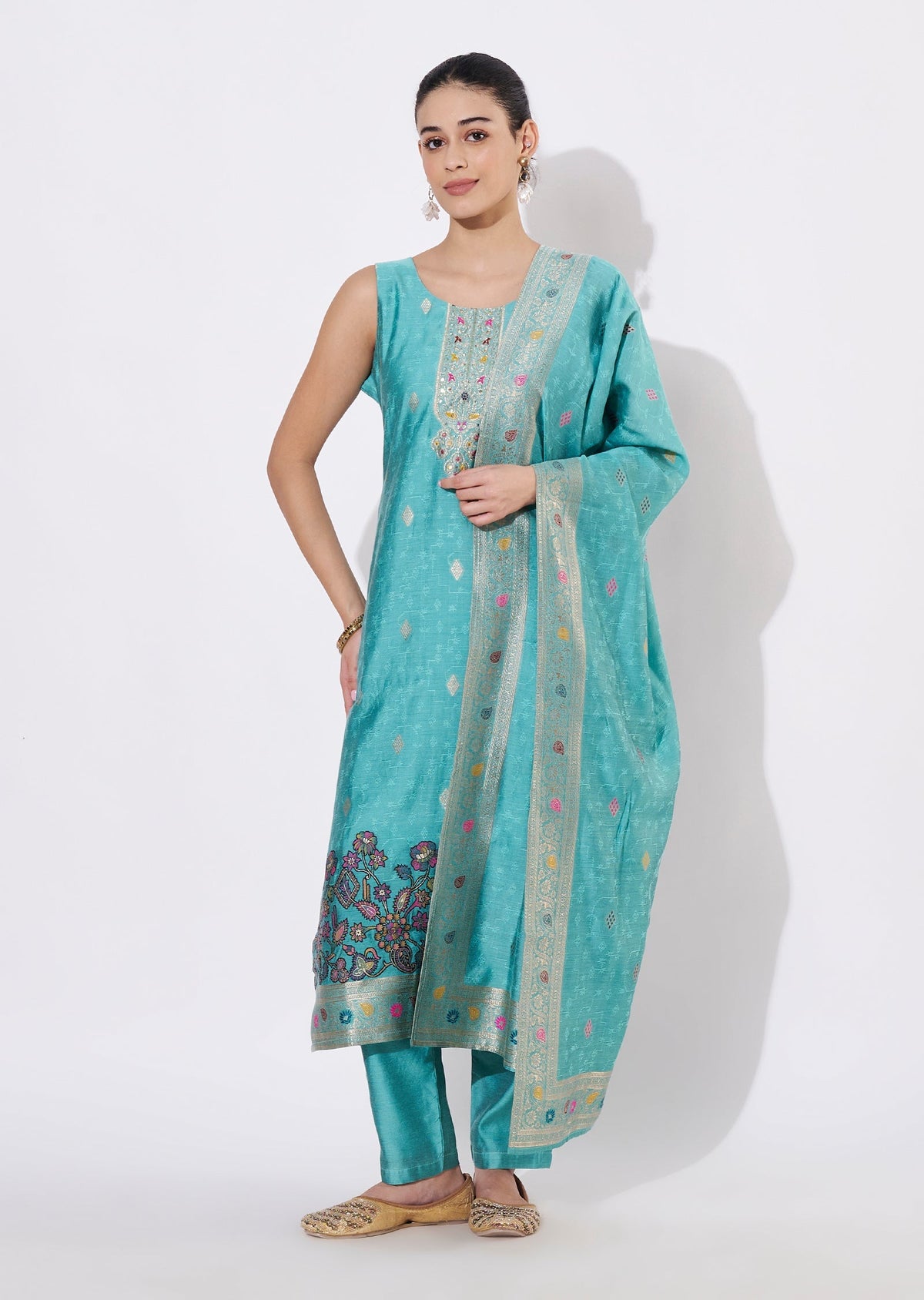 Light Blue Silk Straight cut suit