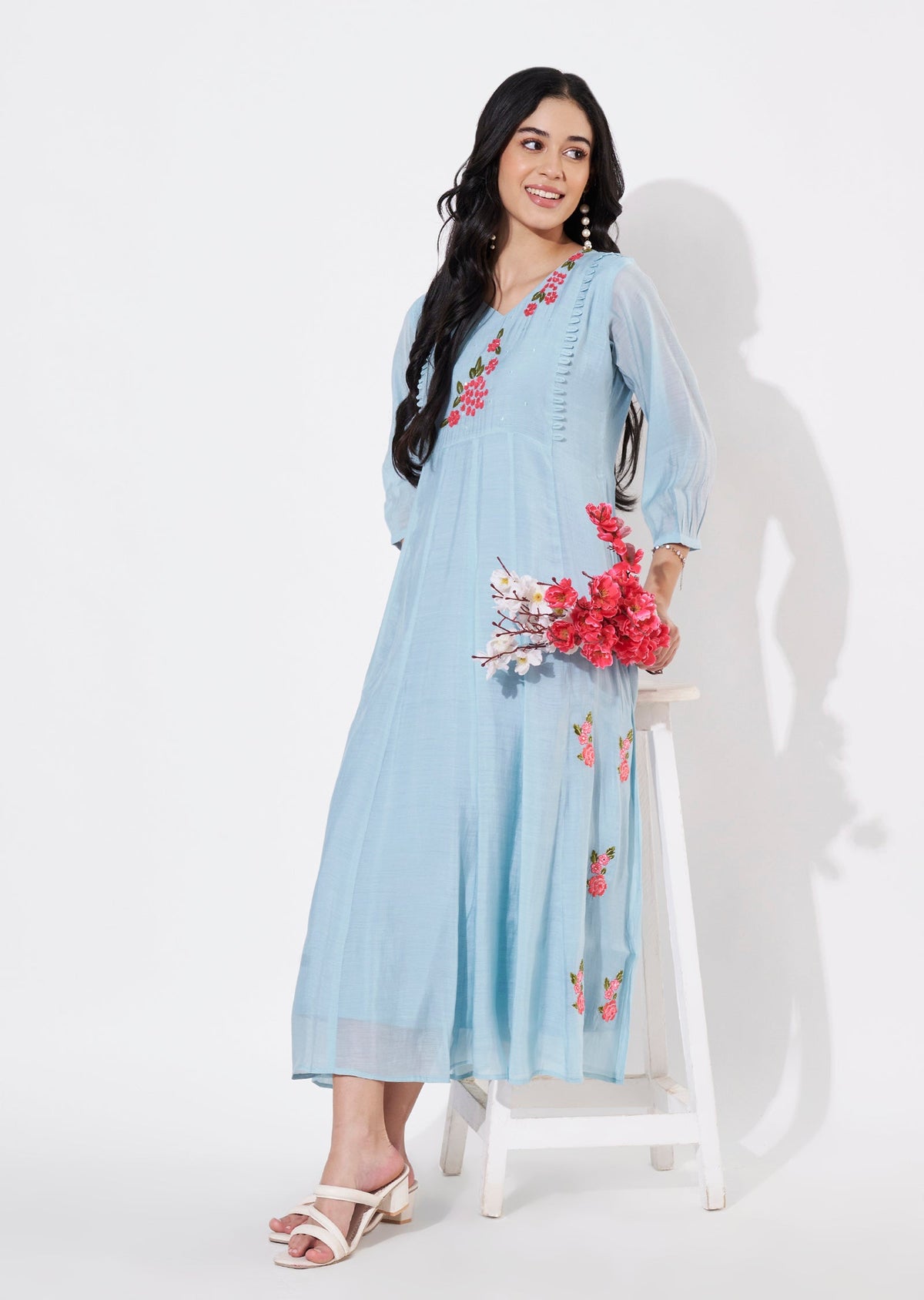 Dusty Blue Mul Chanderi Frock style kurti