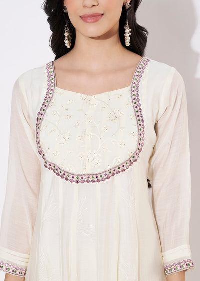 Cream Mul Chanderi Frock style kurti