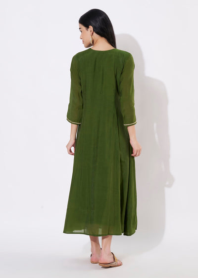 Mehndi Green Mul Chanderi Frock style kurti