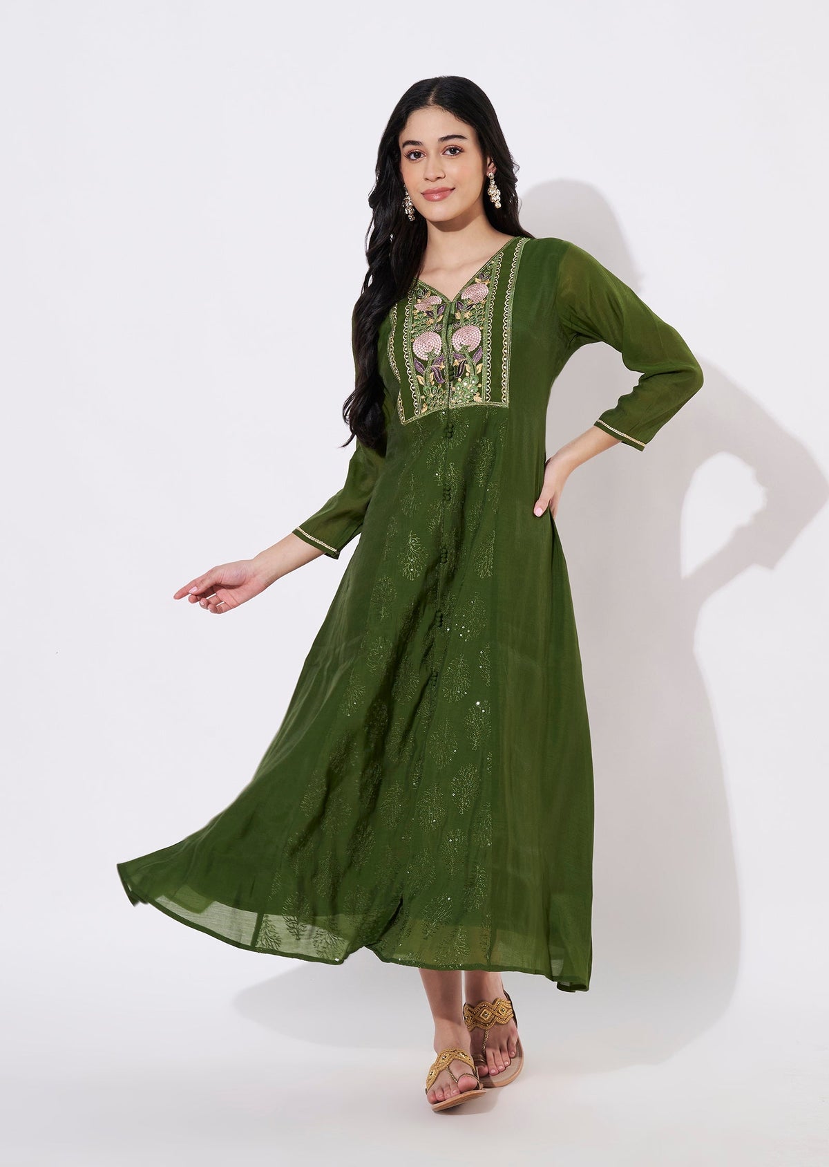 Mehndi Green Mul Chanderi Frock style kurti