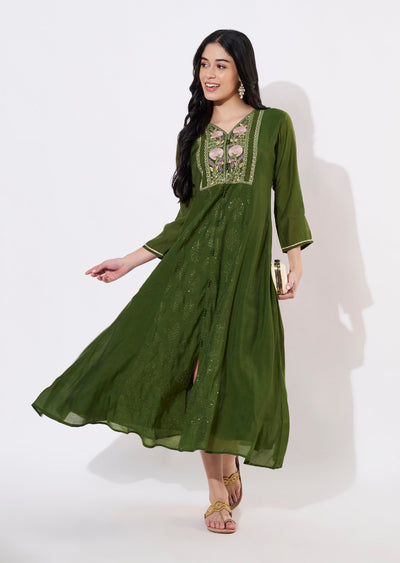 Mehndi Green Mul Chanderi Frock style kurti