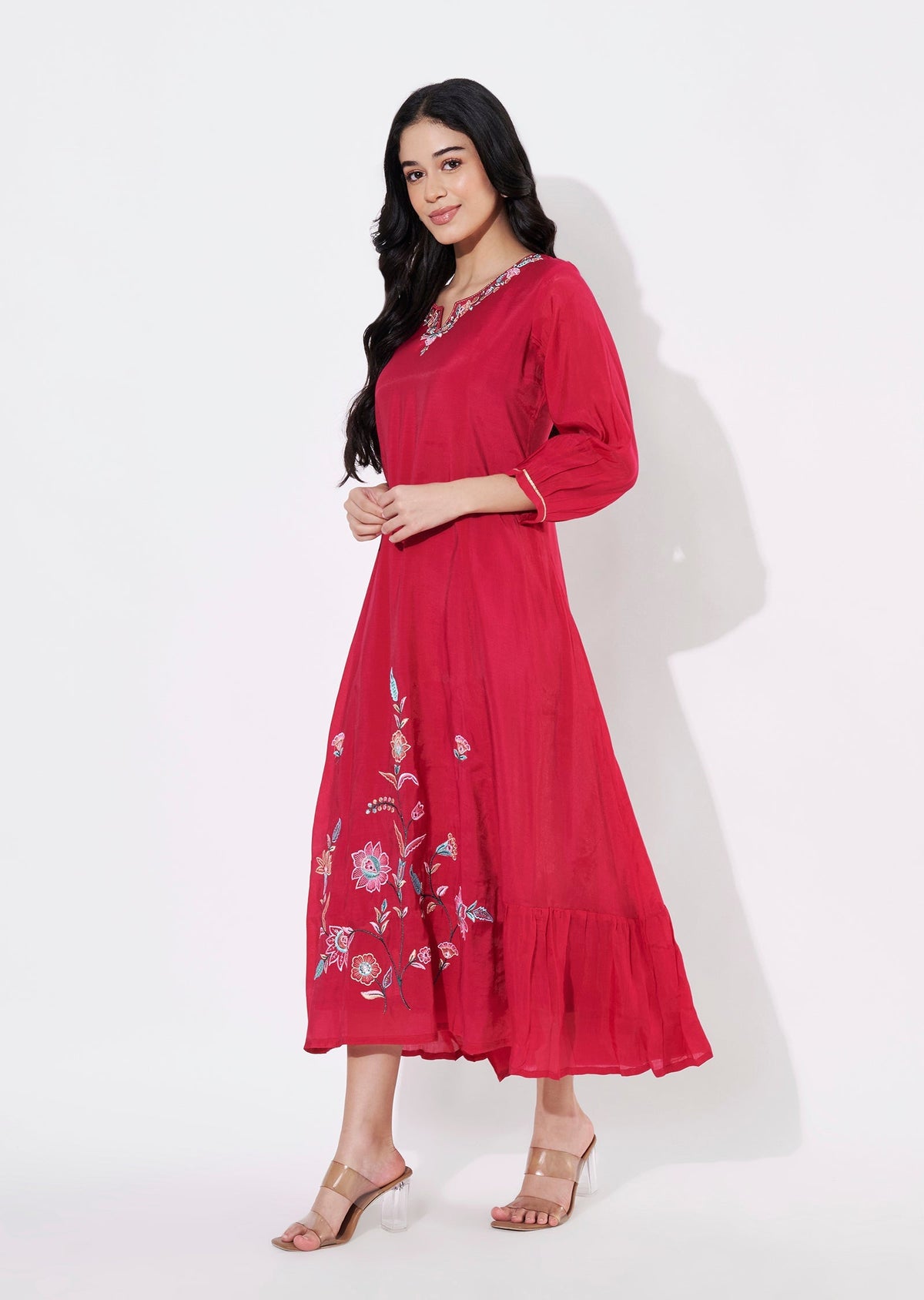 Rani Pink Mul Chanderi Frock style kurti
