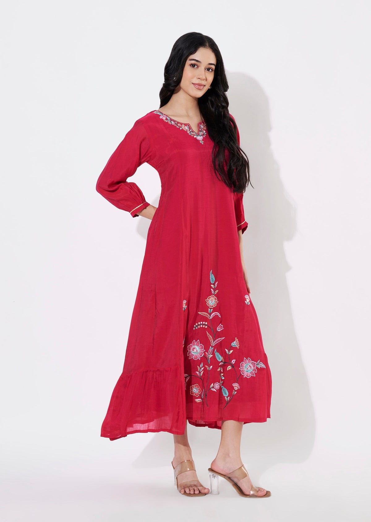 Rani Pink Mul Chanderi Frock style kurti