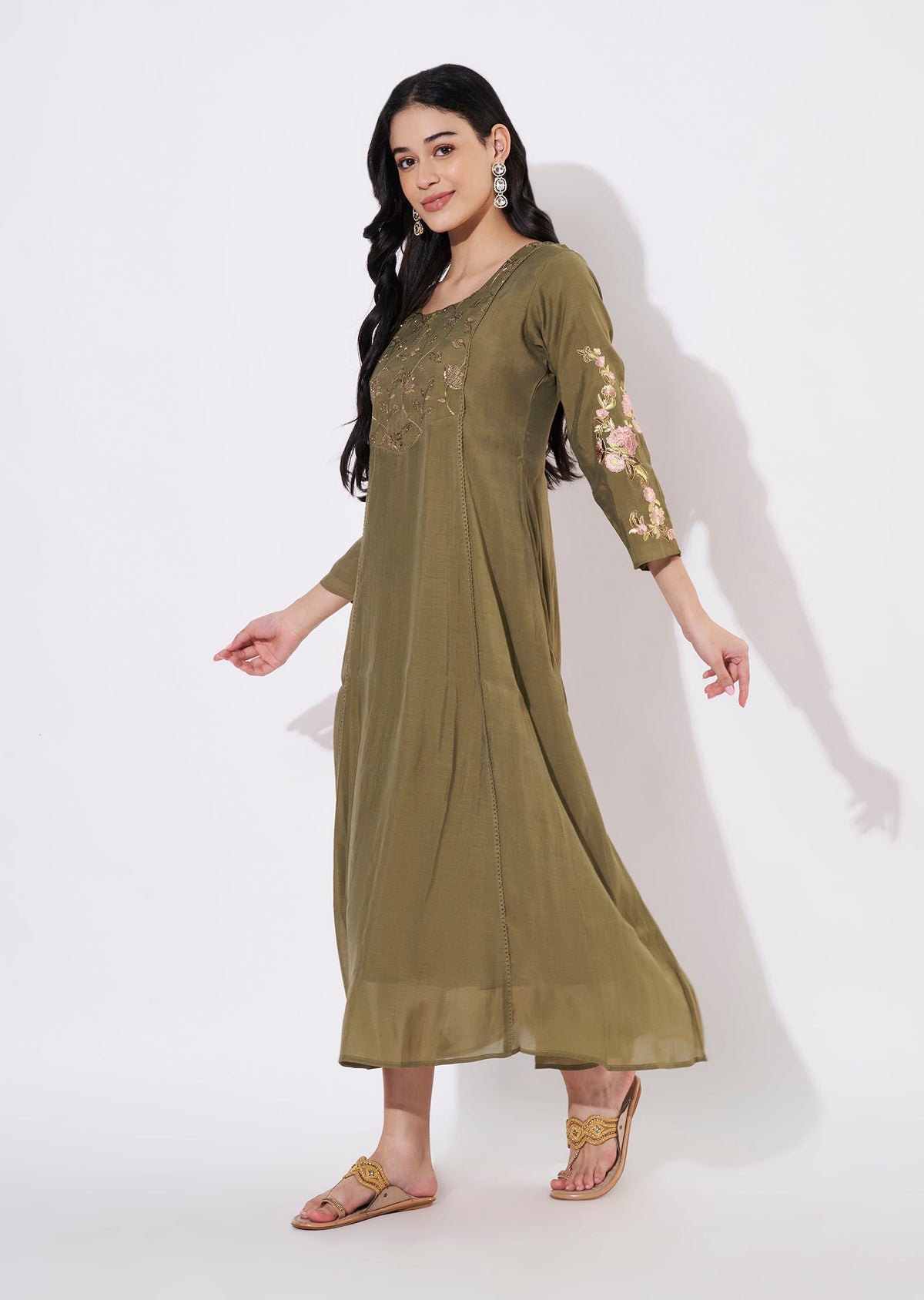 Olive Green Mul Chanderi Frock style kurti