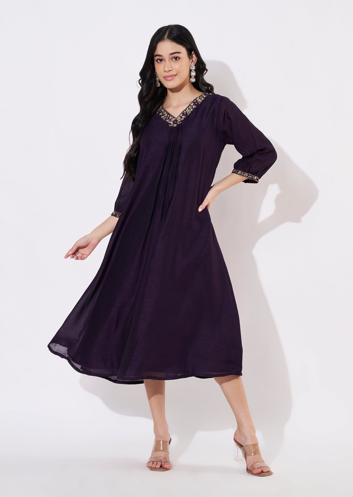 Dark Purple Vichitra Silk Frock style kurti