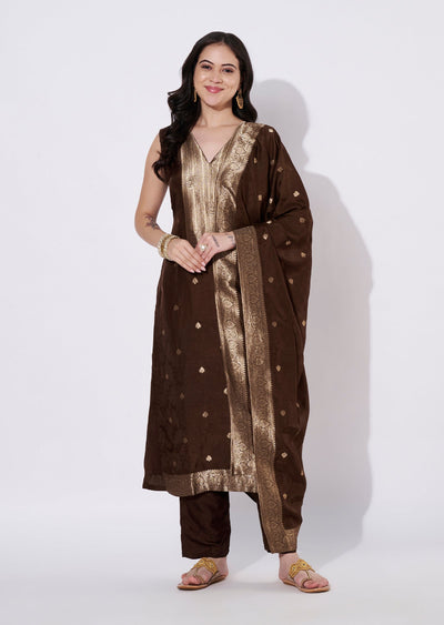 Brown Silk Straight cut suit