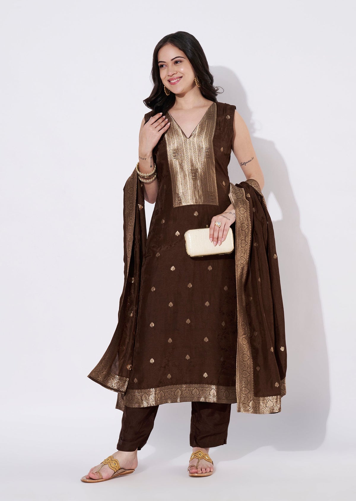Brown Silk Straight cut suit
