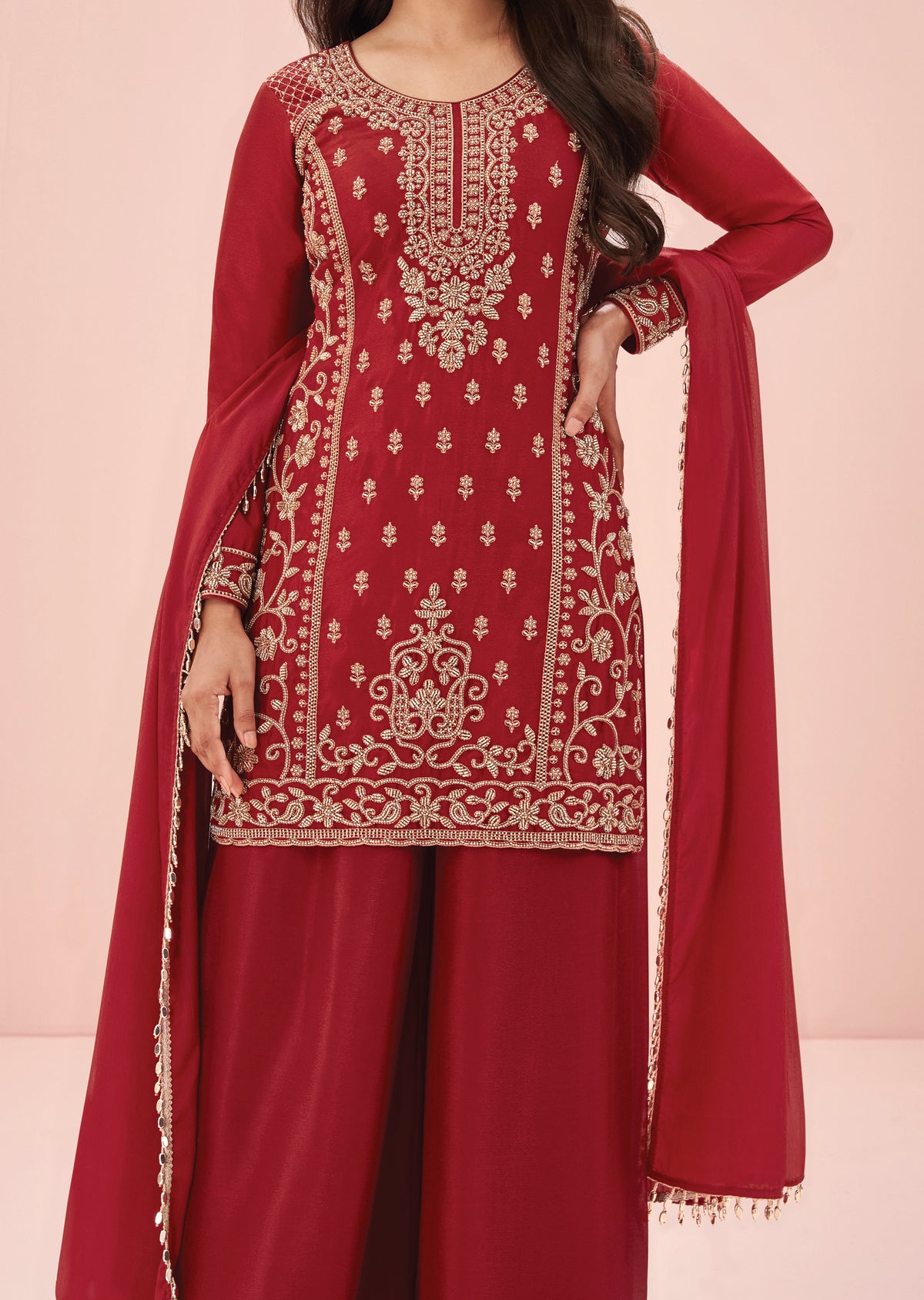 Red Chinnon Sharara Set