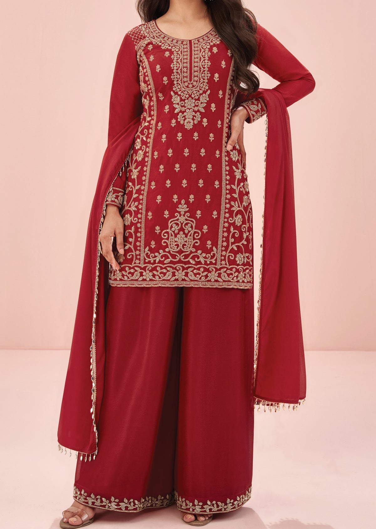 Red Chinnon Sharara Set