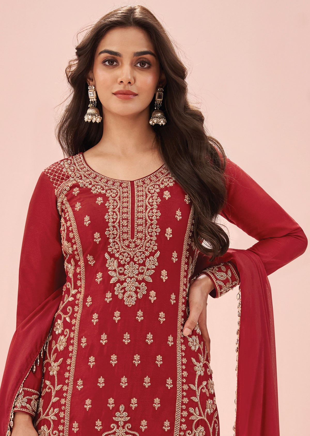 Red Chinnon Sharara Set
