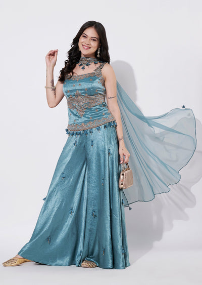 Dusty Blue Silk Sharara Set