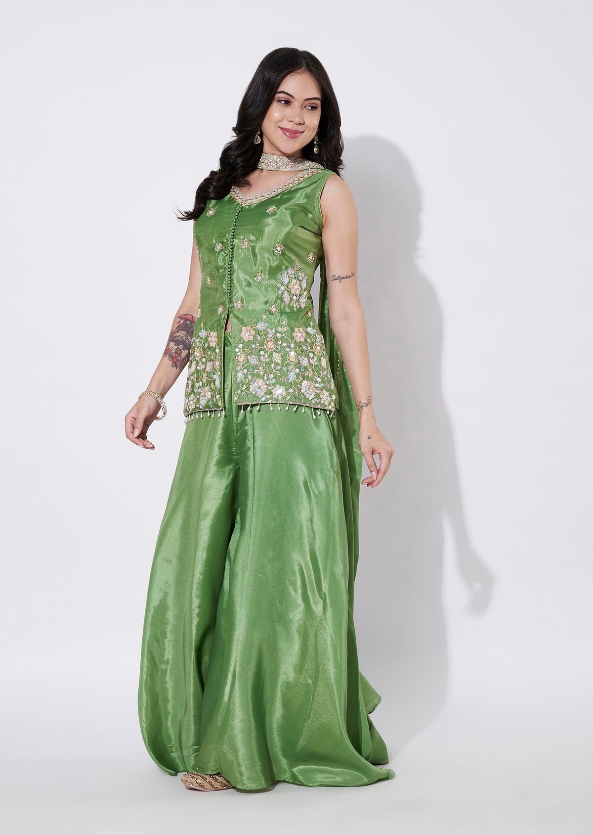 Green Tissue Sharara Set