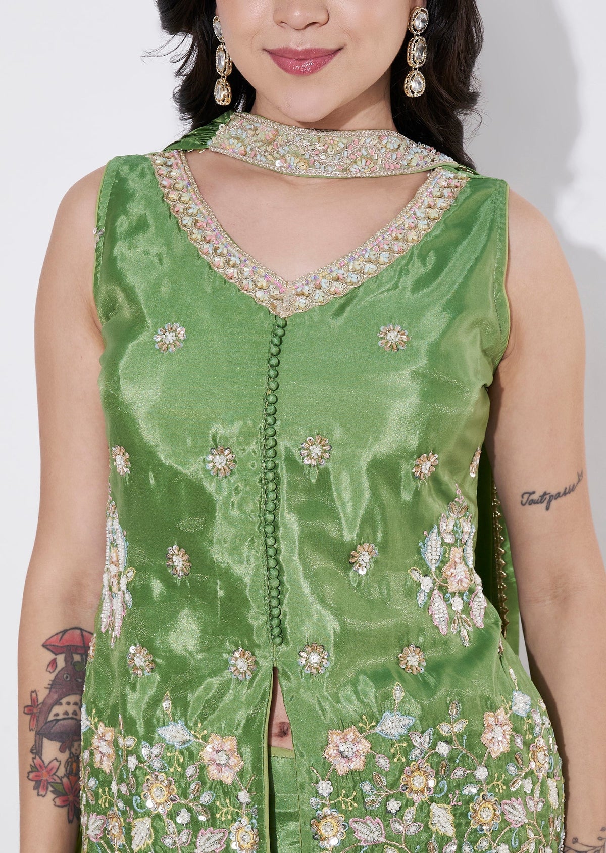 Green Tissue Sharara Set