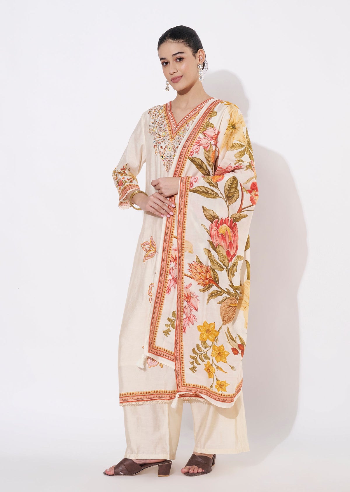Beige Silk Straight cut suit