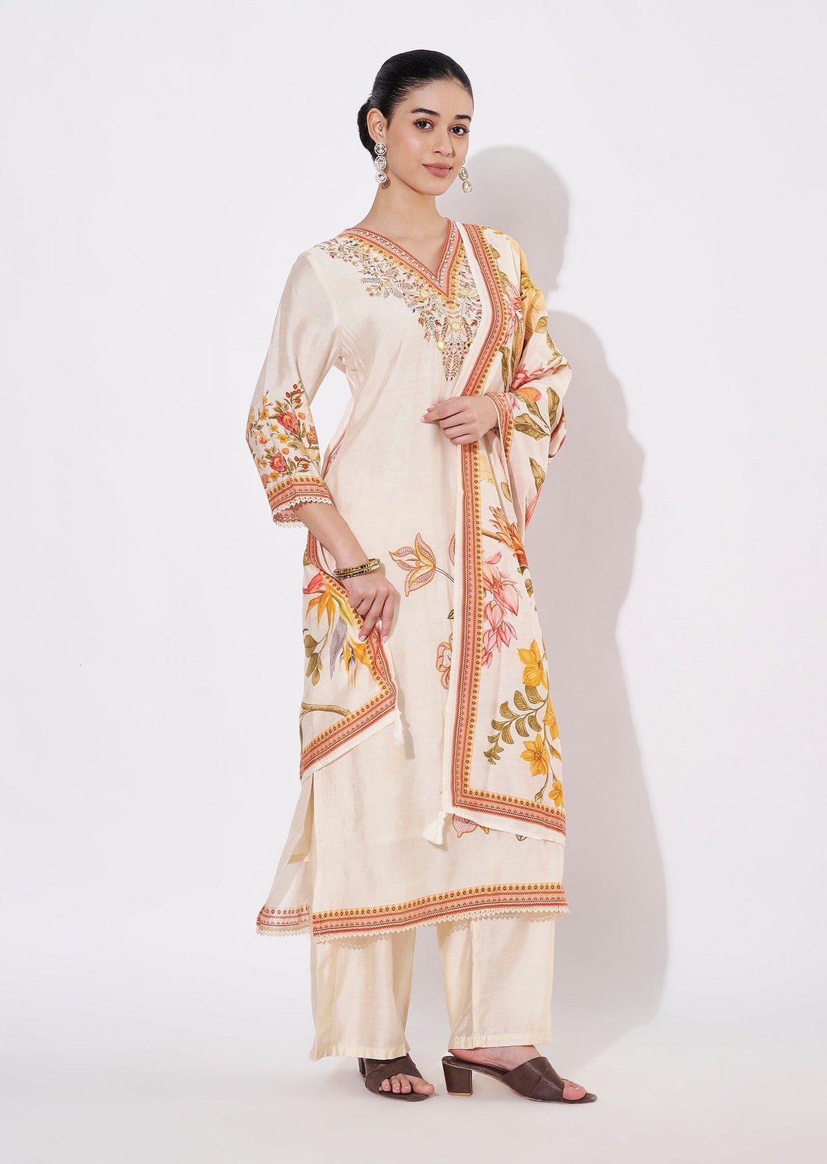 Beige Silk Straight cut suit