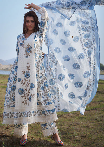 Cream & Blue Cotton Anarkali suit