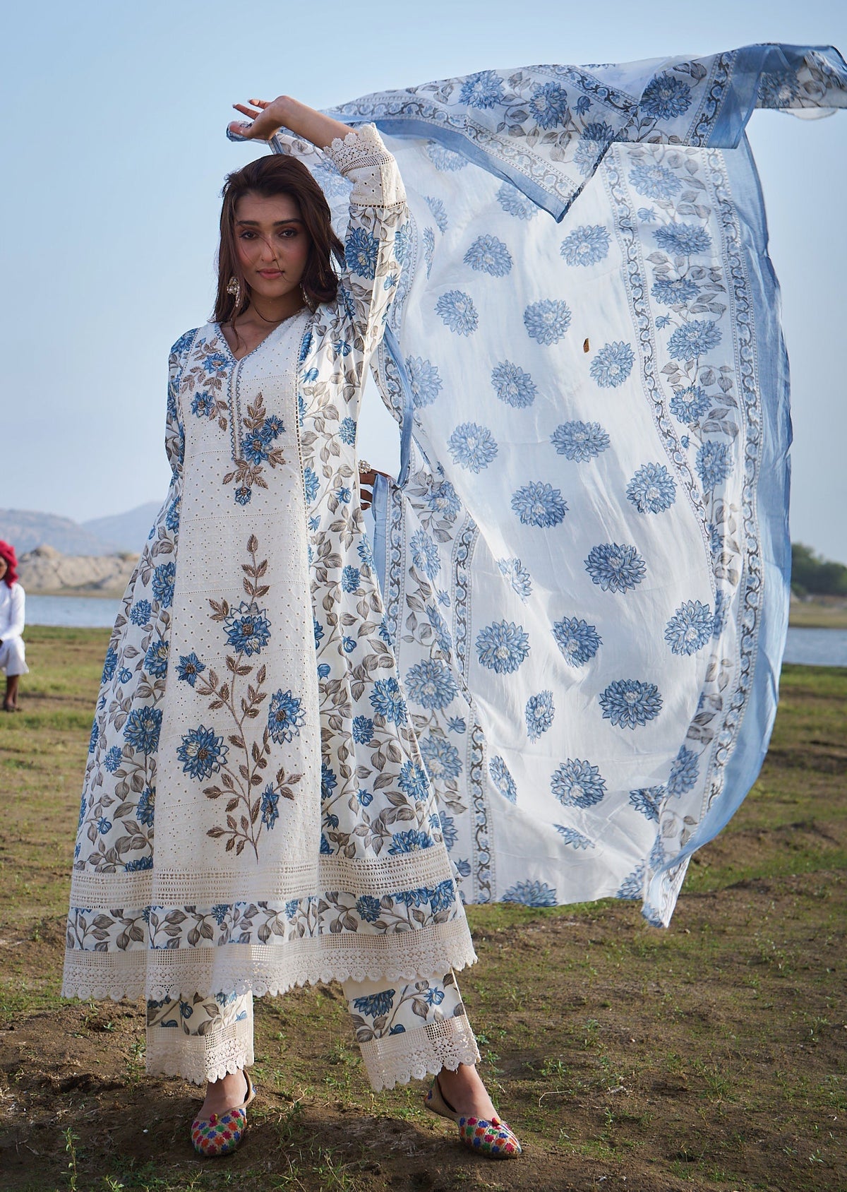Cream & Blue Cotton Anarkali suit