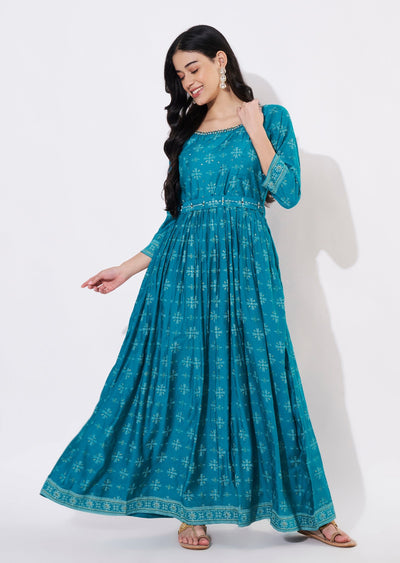 Rama Blue Gold Long Kurti
