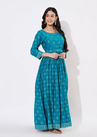 Rama Blue Gold Long Kurti