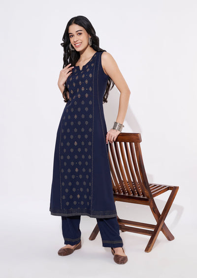 Navy Blue Gold Fusion wear kurti