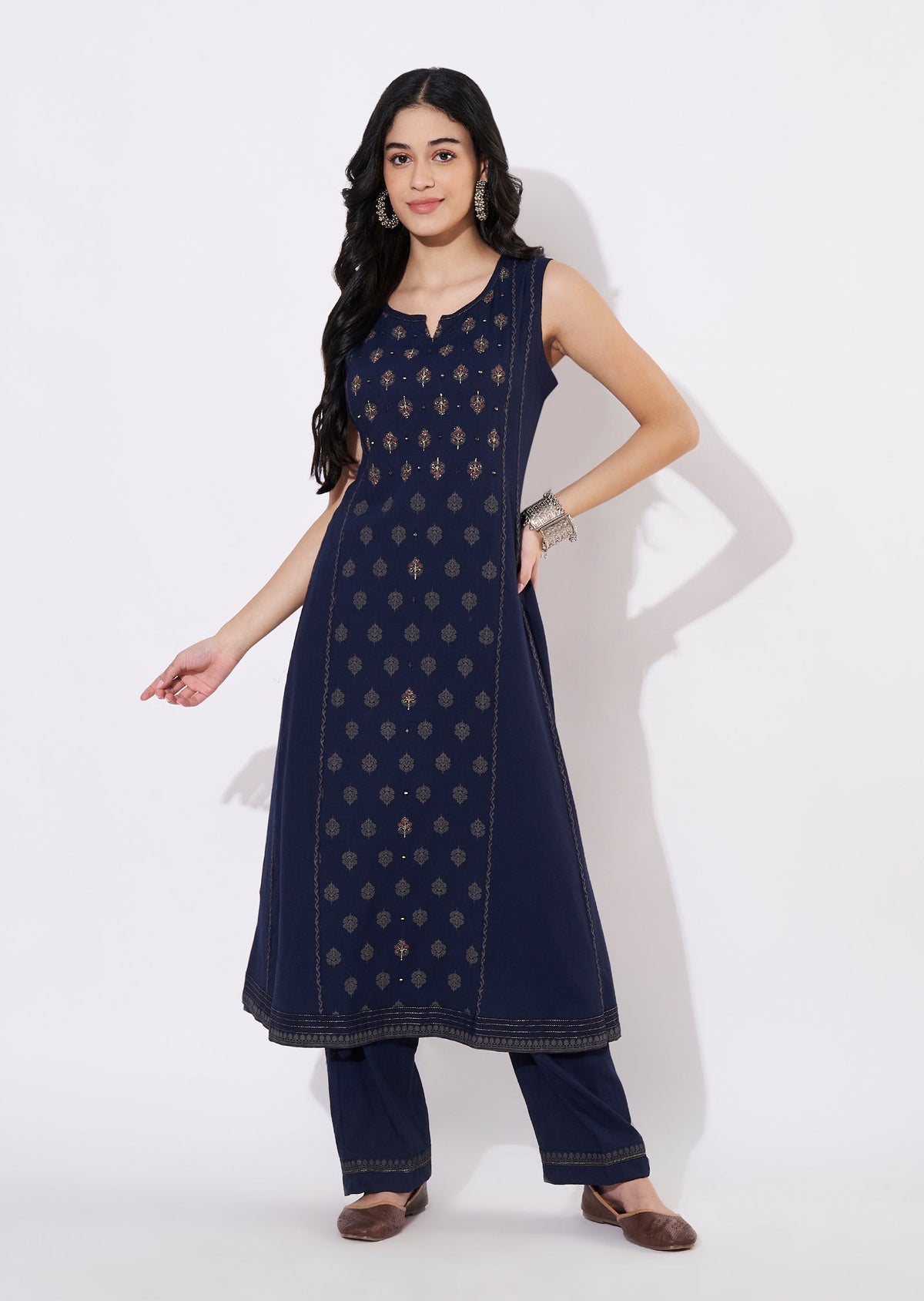 Navy Blue Gold Fusion wear kurti