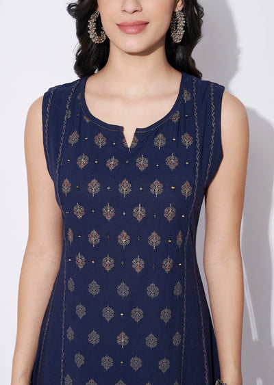 Navy Blue Gold Fusion wear kurti
