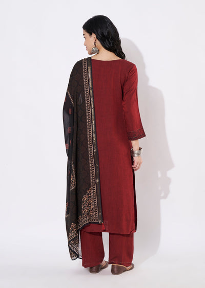 Maroon Silk Straight cut suit