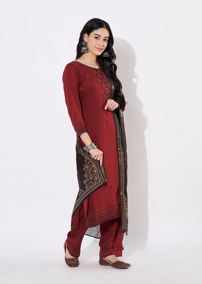 Maroon Silk Straight cut suit