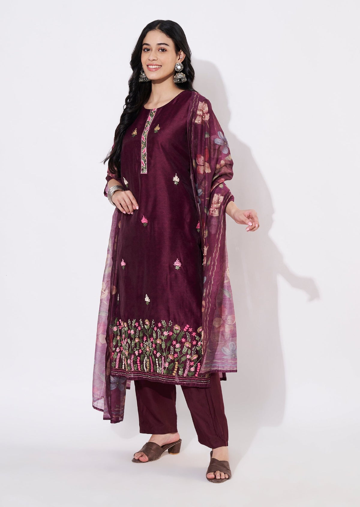 Wine Chanderi Straight cut suit