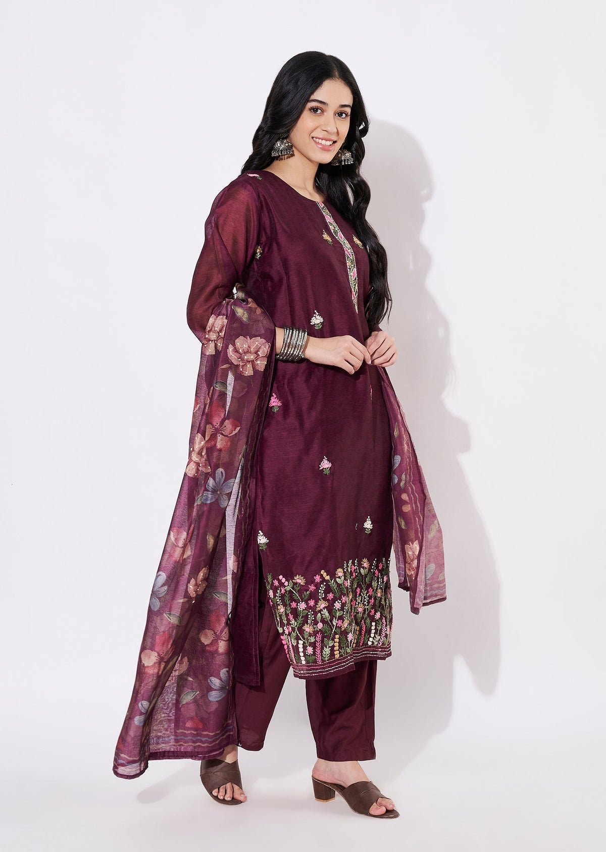 Wine Chanderi Straight cut suit