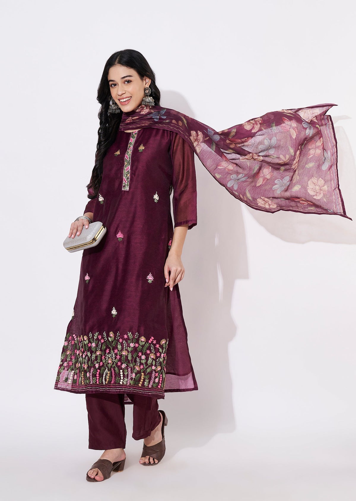 Wine Chanderi Straight cut suit