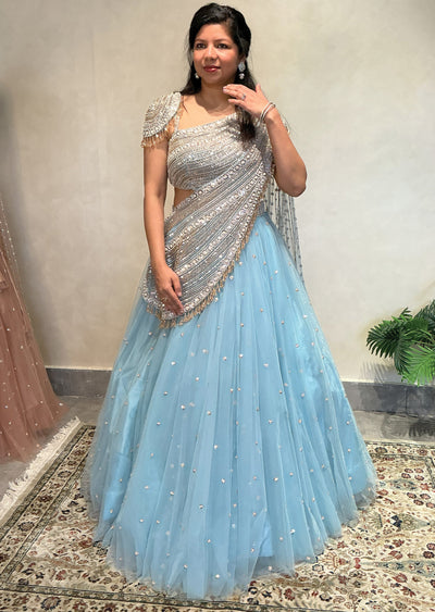 Ice Blue Net Crop top Set