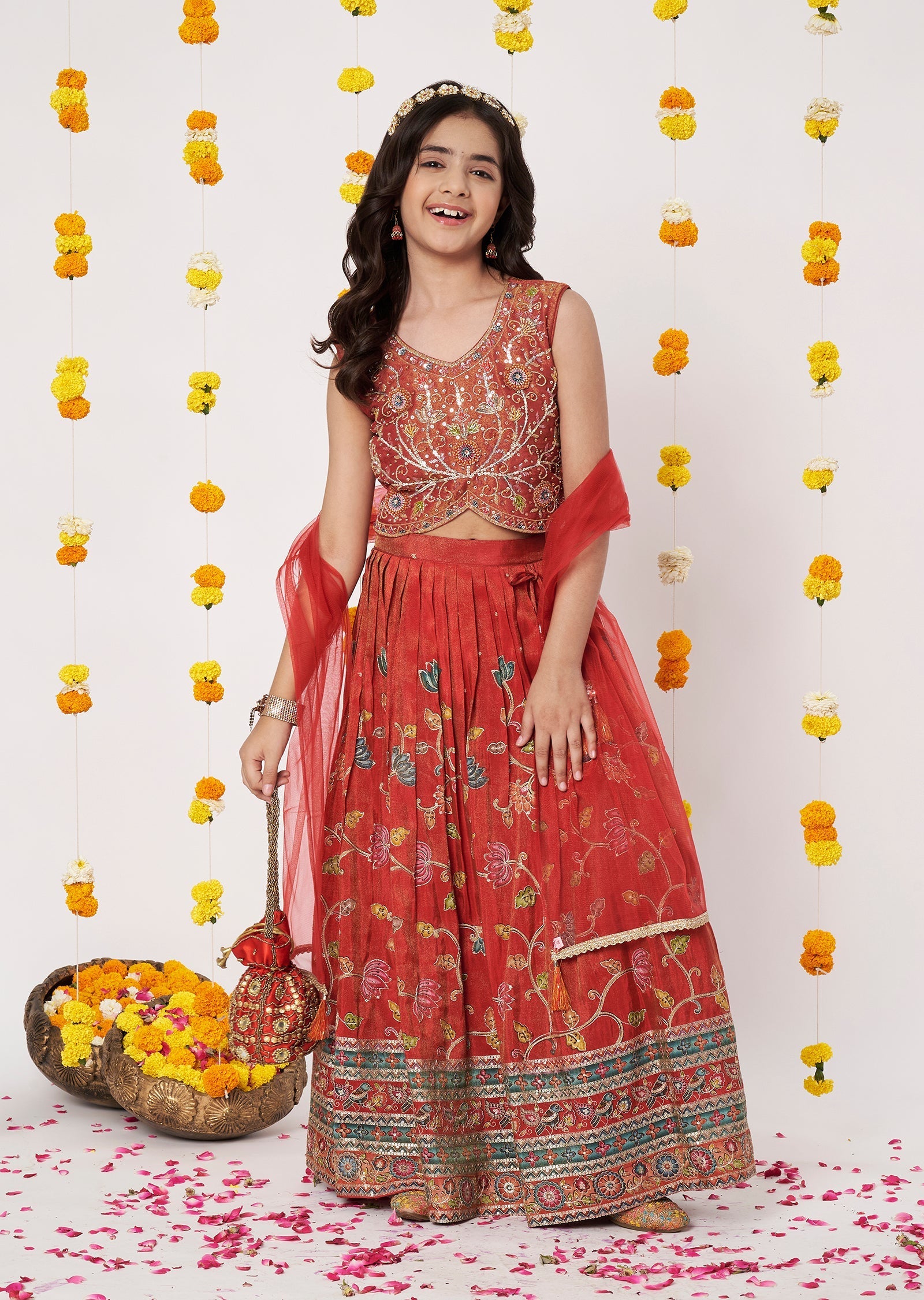 Rust Tissue Girls Ghagra Choli