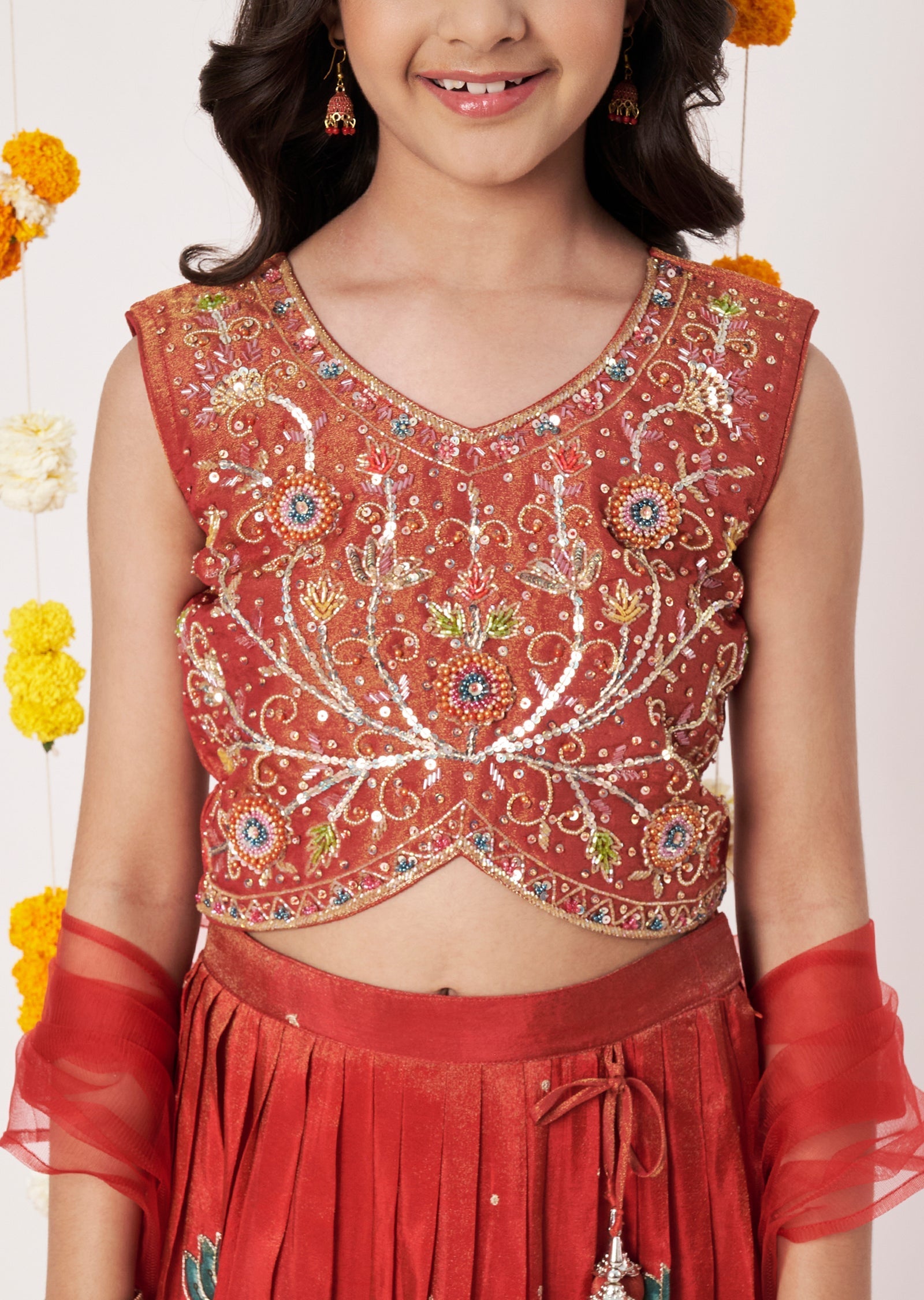 Rust Tissue Girls Ghagra Choli