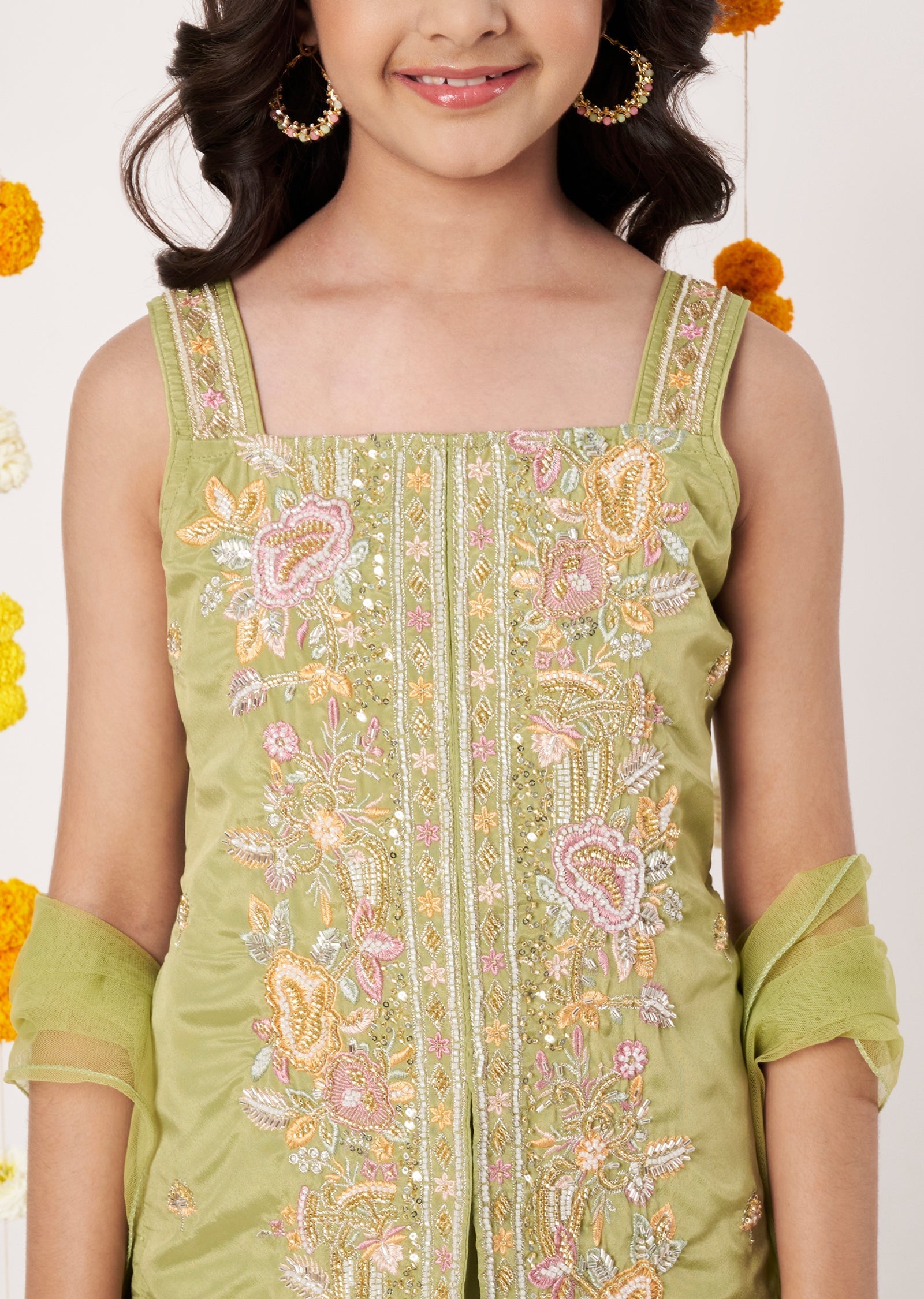 Green Crepe Girls Gharara