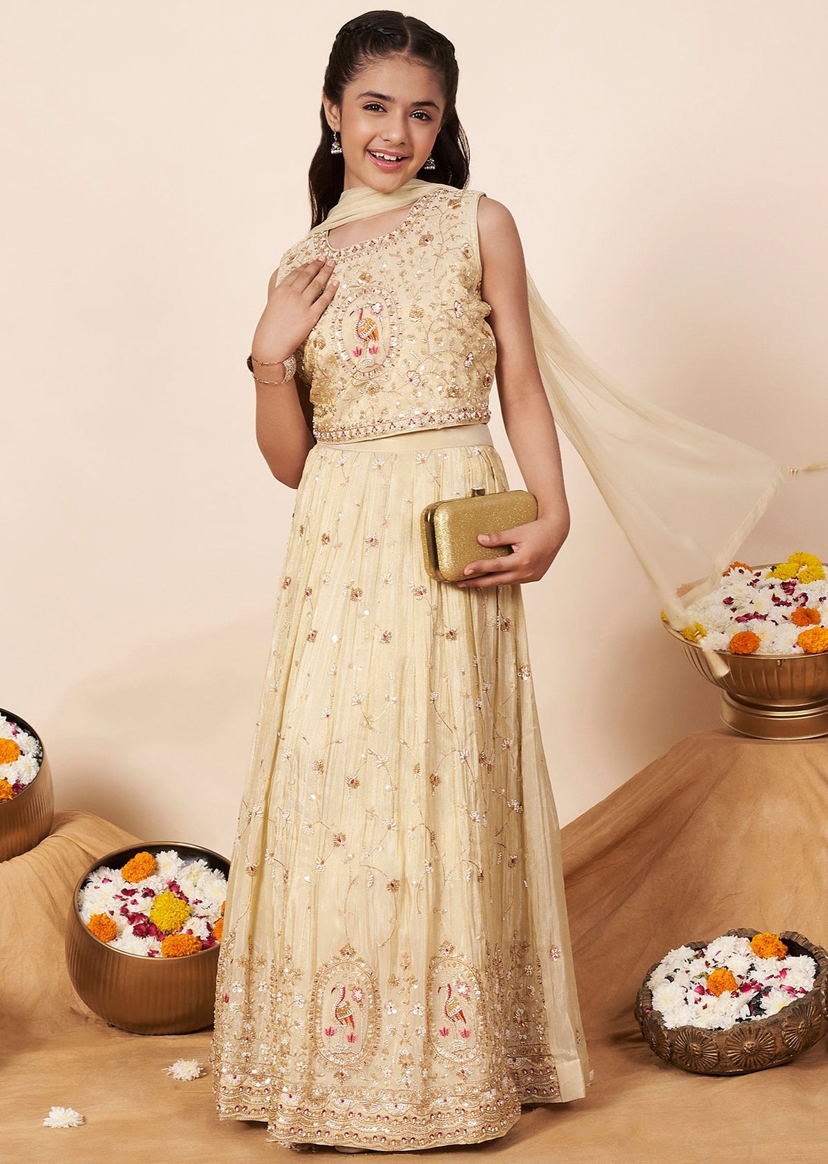 Beige Tissue Girls Ghagra Choli