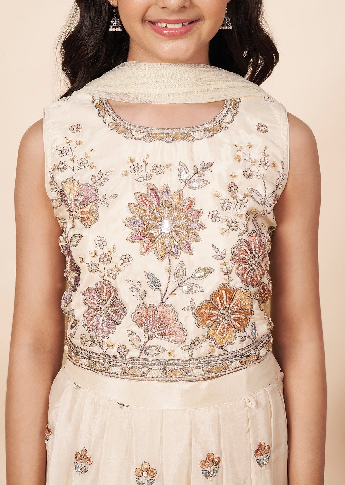 Beige Tissue Girls Ghagra Choli