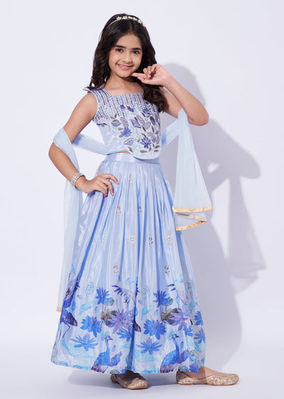 Blue chinnon Girls Ghagra Choli