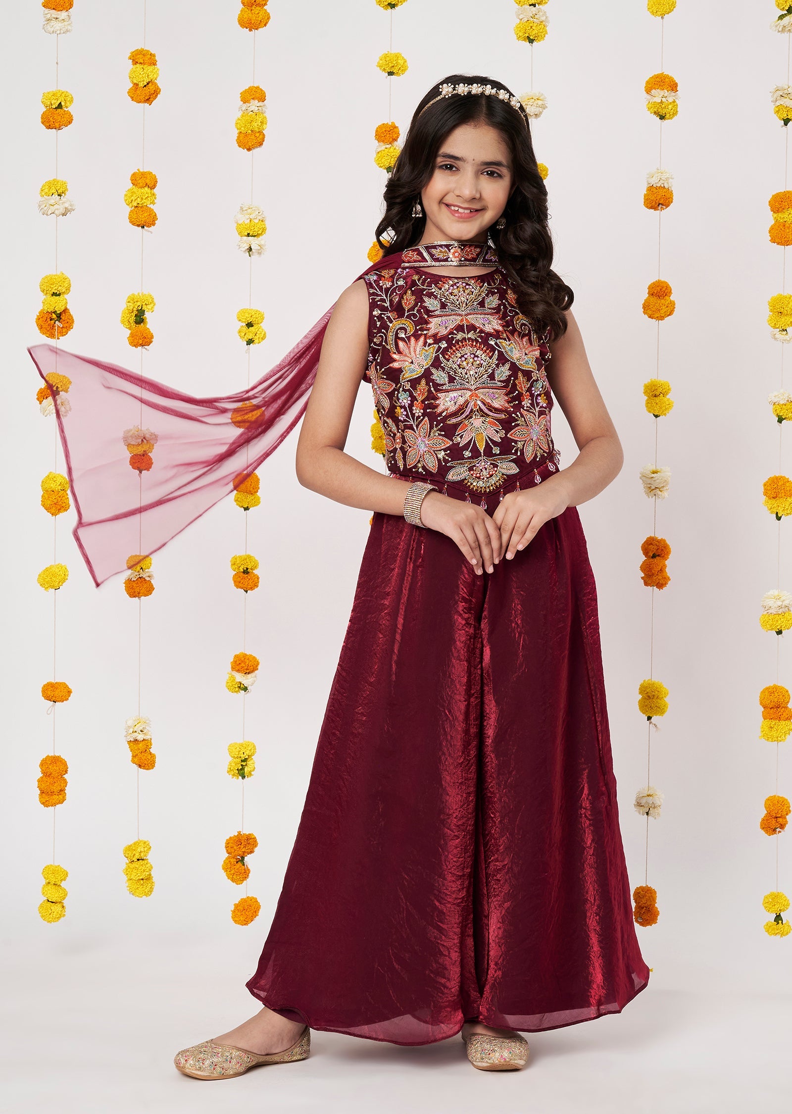 Maroon Organza Girls Gharara