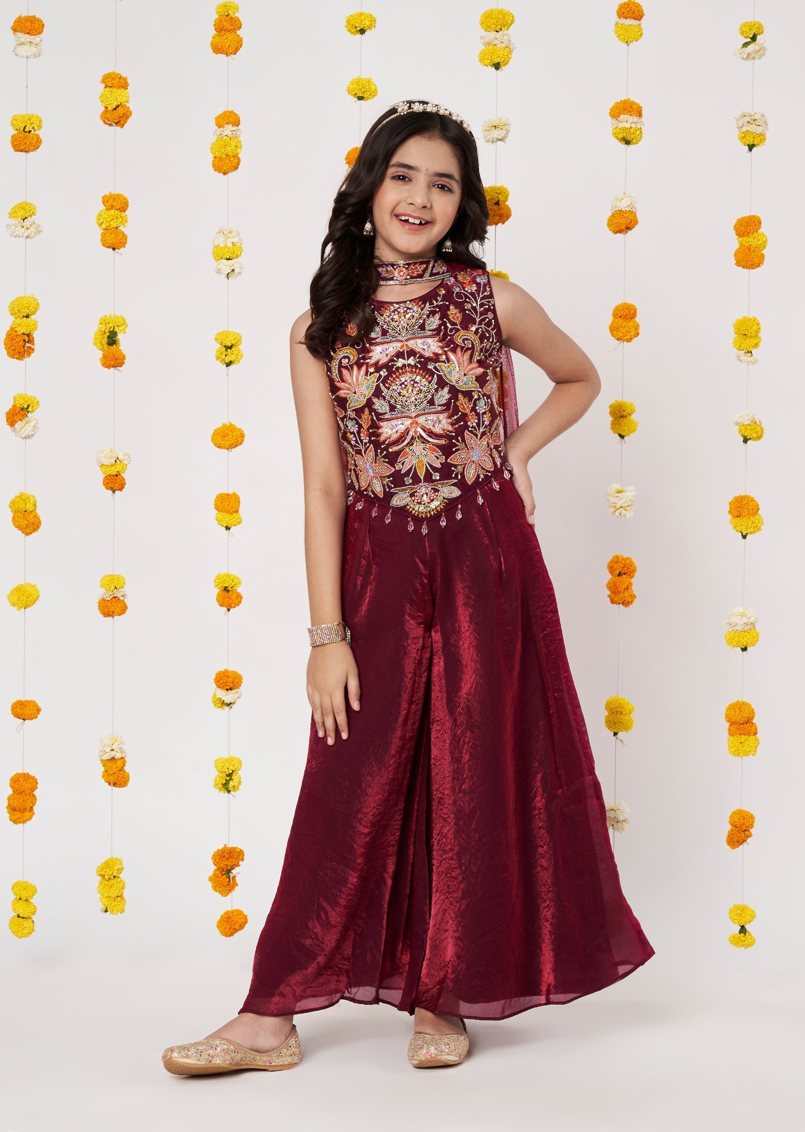 Maroon Organza Girls Gharara