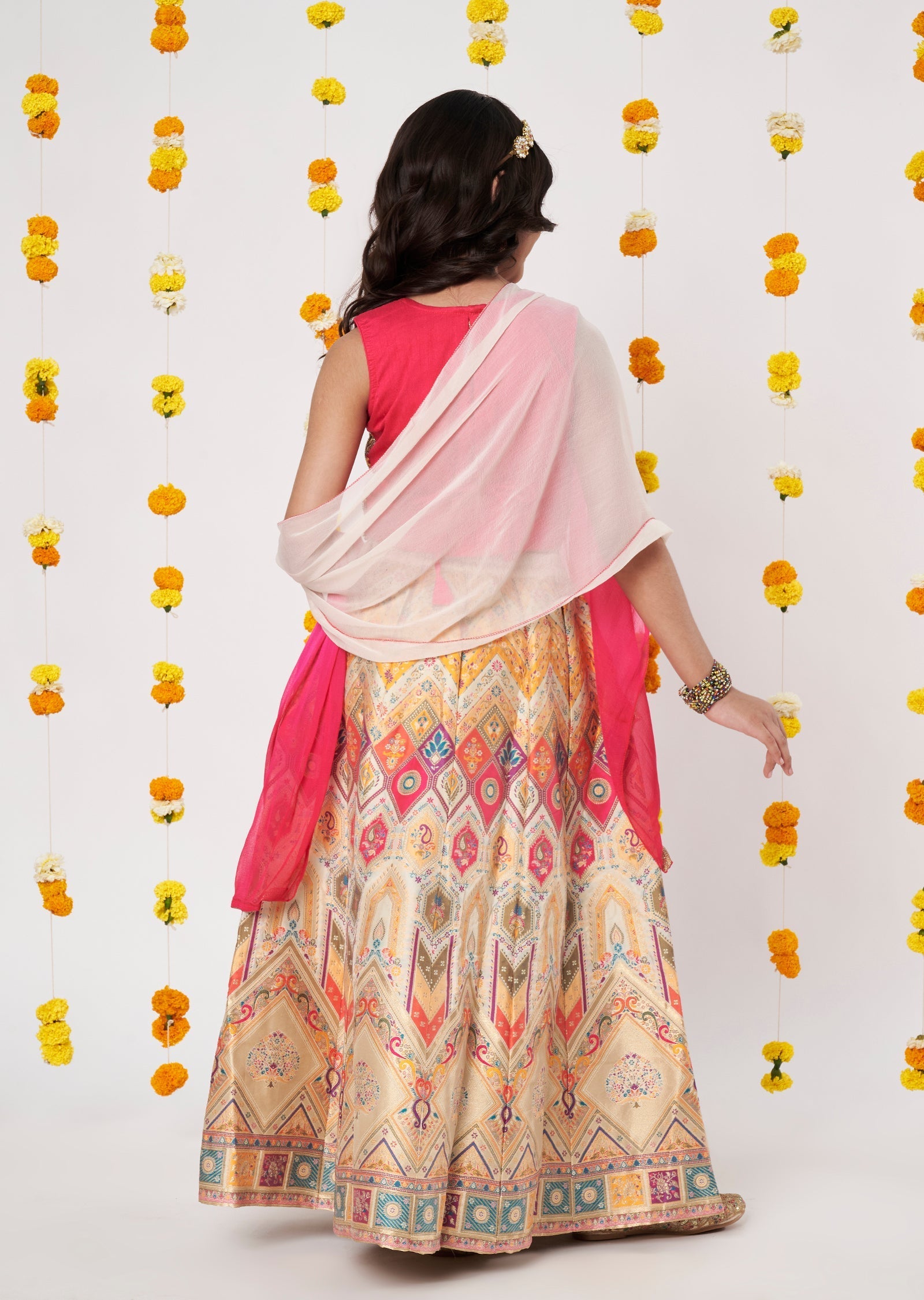 Cream Banara Girls Ghagra Choli