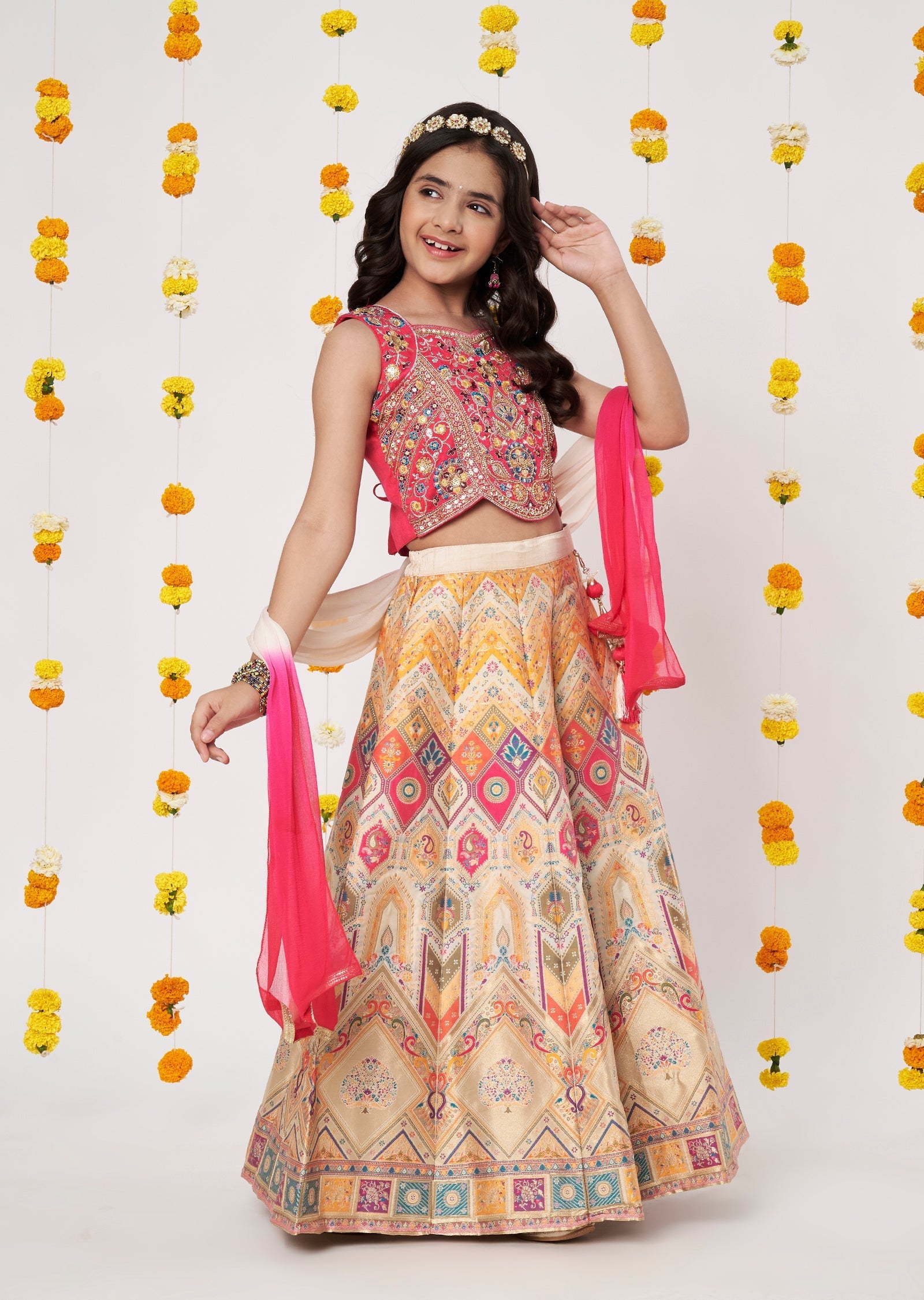 Cream Banara Girls Ghagra Choli