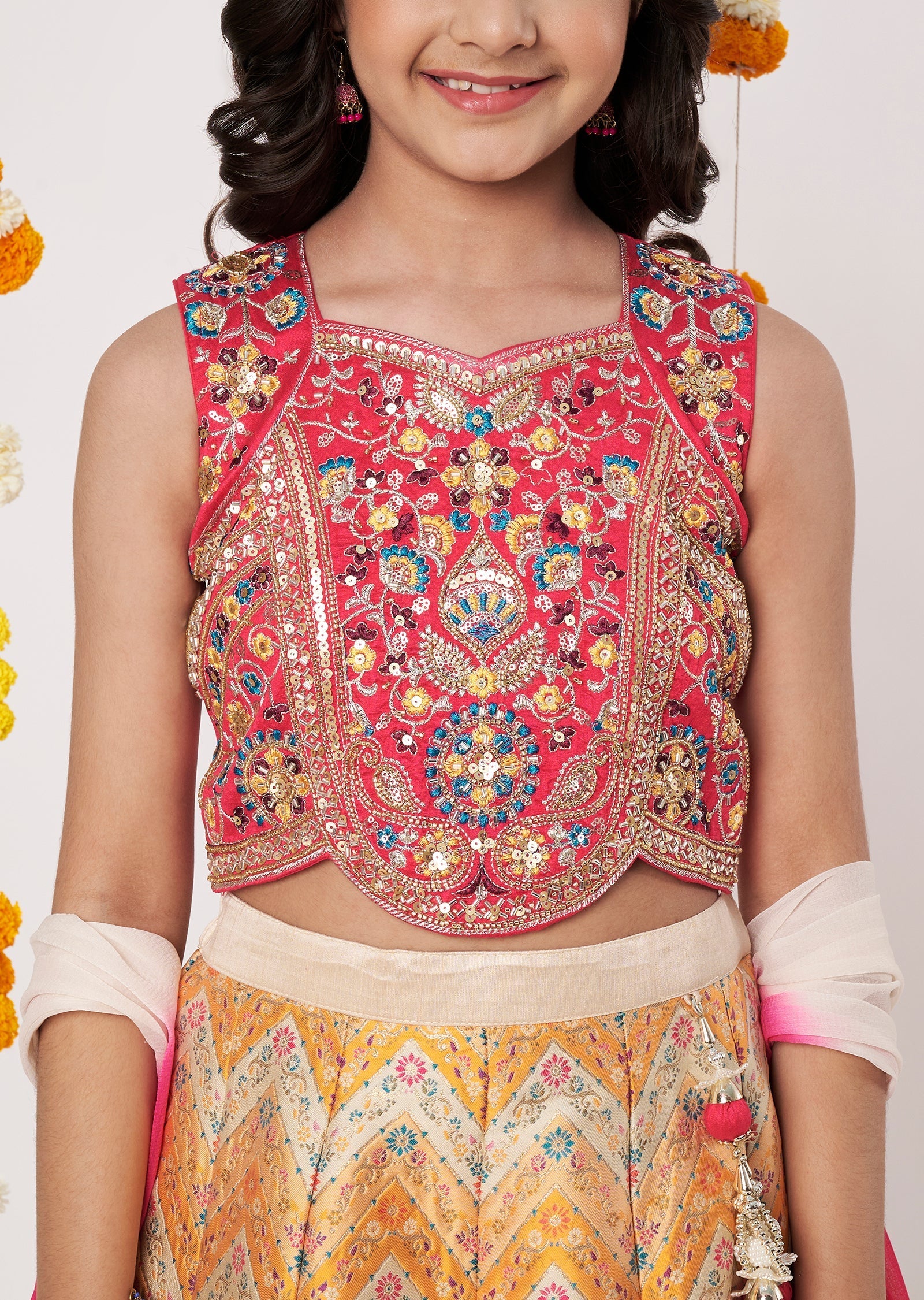Cream Banara Girls Ghagra Choli