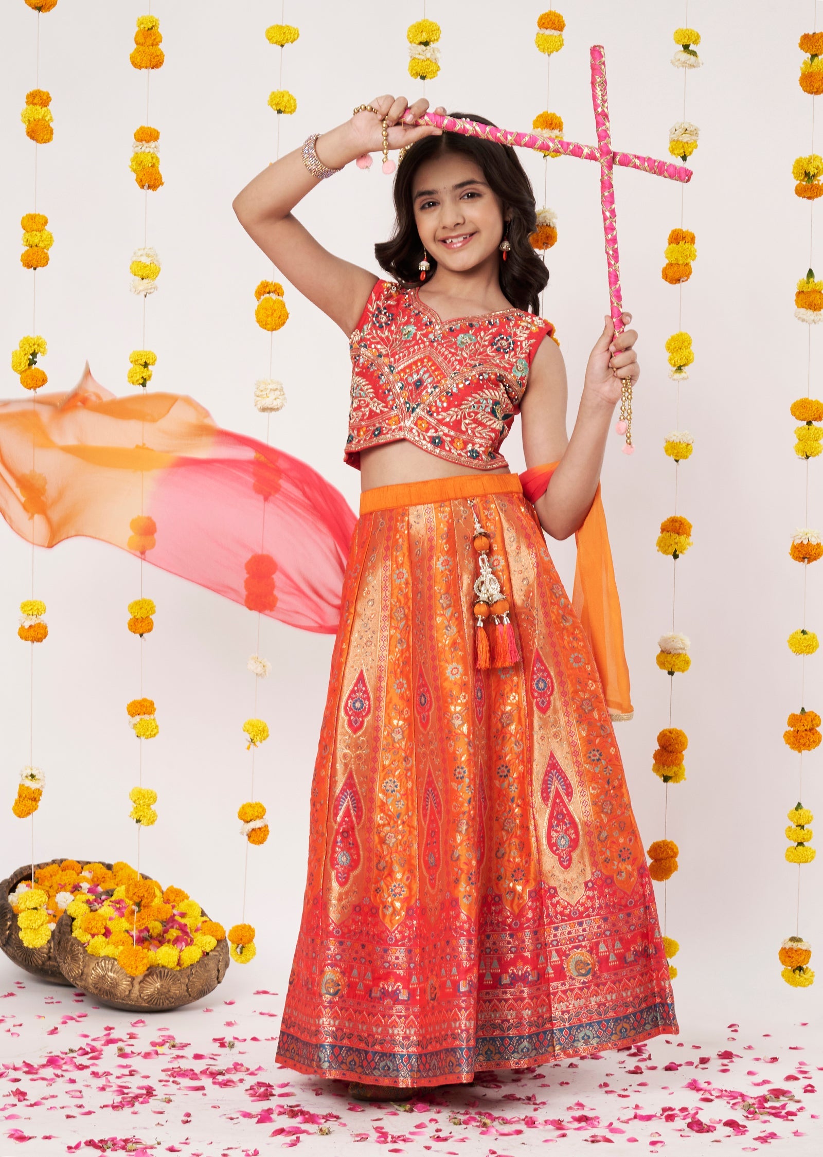 Orange Banaras Girls Ghagra Choli