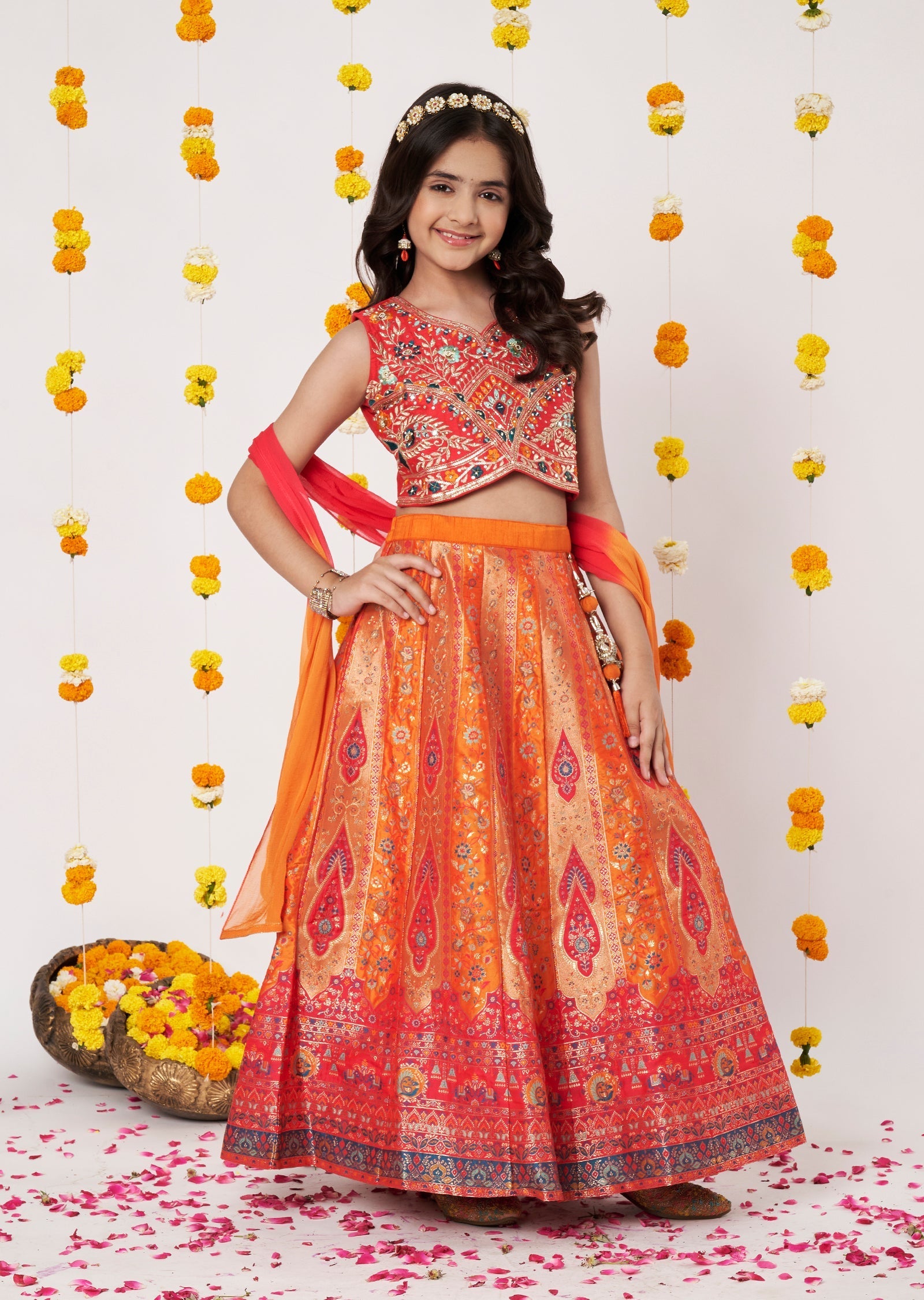 Orange Banaras Girls Ghagra Choli