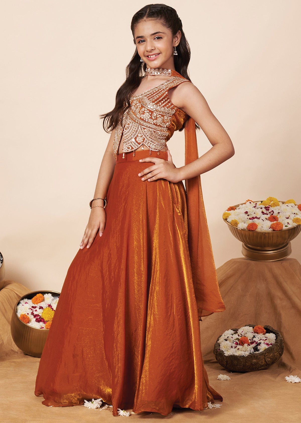 Dark Rust Tissue Girls Ghagra Choli