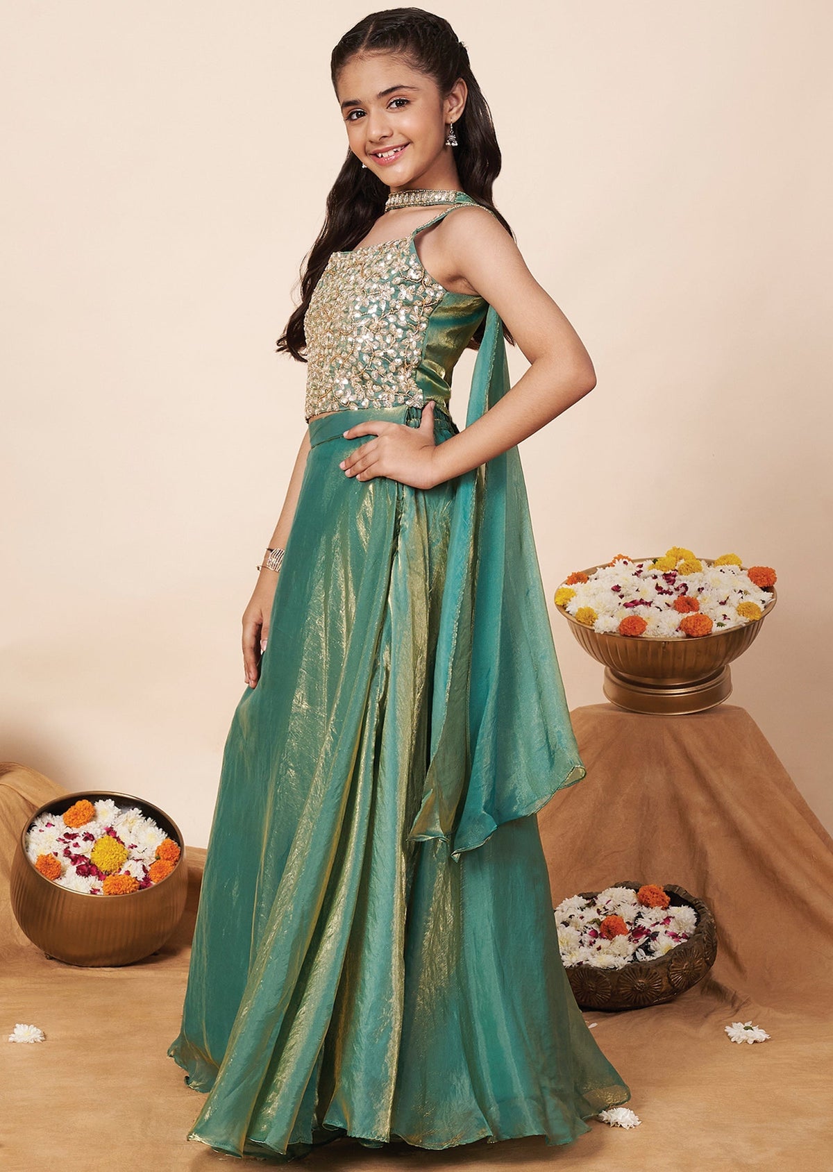 Green Tissue Girls Ghagra Choli
